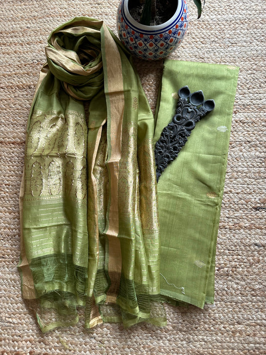 Olive Green Katan silk certified handloom Banarsi Booti three piece suit
