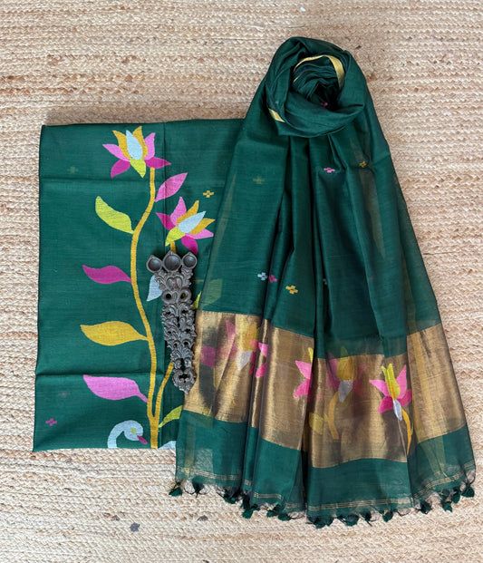 Forest Green handwoven jamdani pure cotton silk kurta set mjk