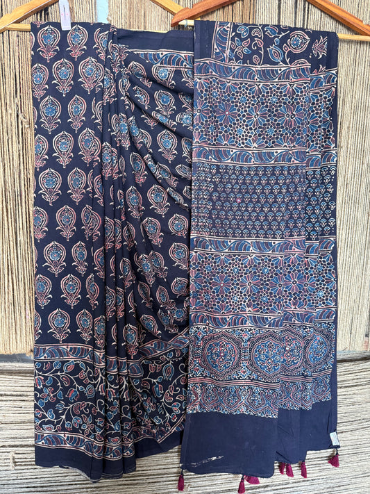 BLACK MULL COTTON AJRAKH HAND CRAFTED SARI