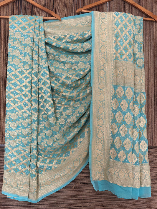 Pastel Blue Handwoven Neem Zari Bareek Bandhani Saree with Khaddi Georgette BS- 2