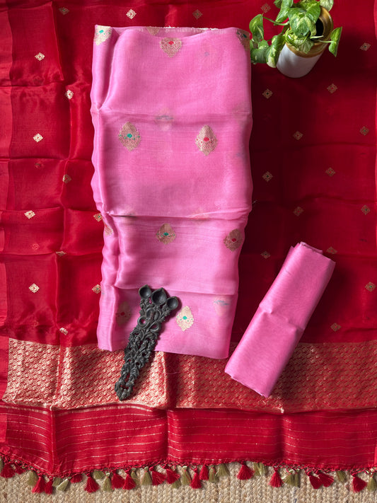Bubblegum Pink kora silk certified handloom banarsi kadwa booti meenakari three piece suit