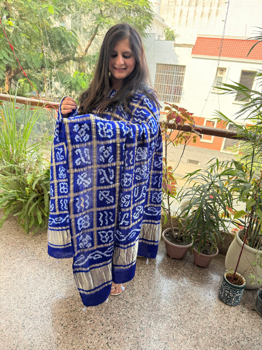 INK BLUE HANDWOVEN HANDCRAFTED GAJJI SILK GHARCHOLA DUPATTA GGD-5