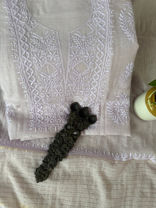 MISTY ROSE PINK PREMIUM MULL CHANDERI LUCKNOWI CHICKENKARI HAND EMBROIDERY THREE PIECE SUIT