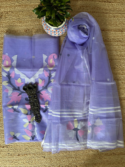 LIGHT PURPLE HANDWOVEN JAMDANI PURE MUSLIN SILK KURTA SET MJK-51