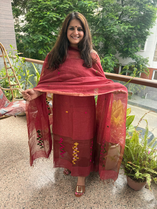Muted Berry Pink Jamdani Tissue Linen Handwoven kurta set