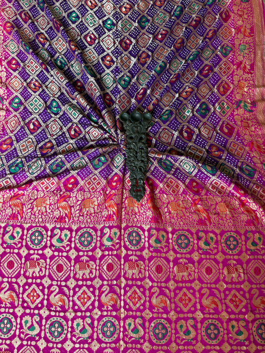 pink & purple ombré shade Handwoven Bareek Bandhani in Meenakari Jaal Premium Georgette dupatta