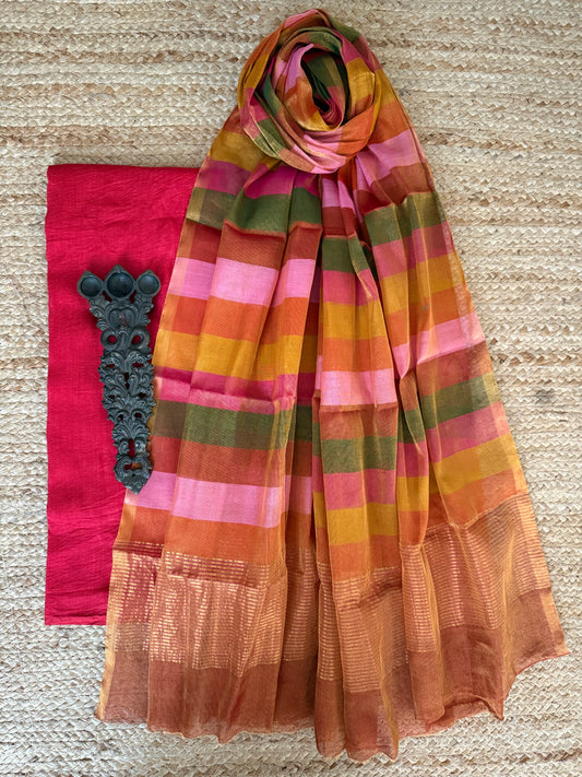 RED SOLID MUGA SILK KURTA WITH CHANDERI HANDLOOM SILK DUPATTA