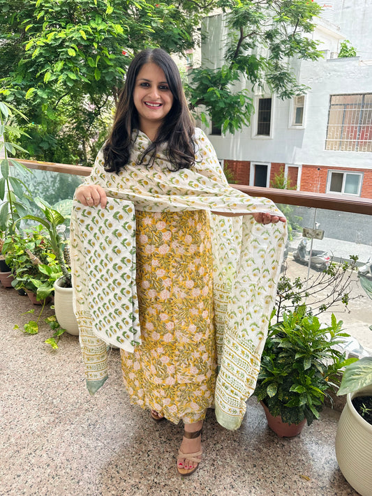 YELLOW CHANDERI HAND BLOCK SUIT SET