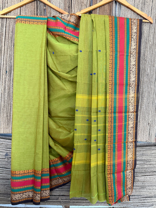 OLIVE GREEN TRADITIONAL KANCHI COTTON SARI WITH ELEPHANT,PEACOCK & PAISLEY DESIGN WITH RUNNING BLOUSE