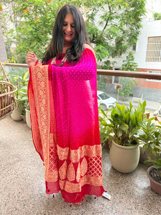 IVORY Gajji and pink & red ombré shade Handwoven Bareek Bandhani in Meenakari Jaal Premium Georgette kurta Set