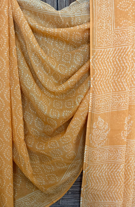 MORIGOLD YELLOW KOTA DORIA HANDBLOCK SARI