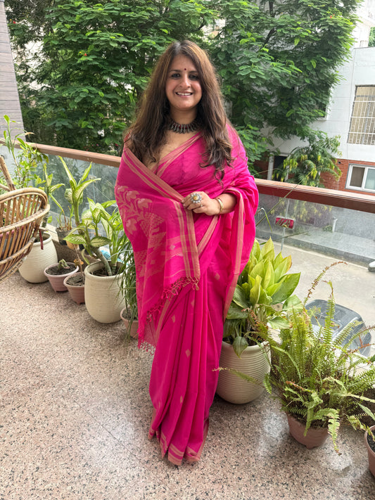 DEEP PINK CLASSIC AUTHENTIC HANDWOVEN JAMDANI WEAVING PURE COTTON SARI