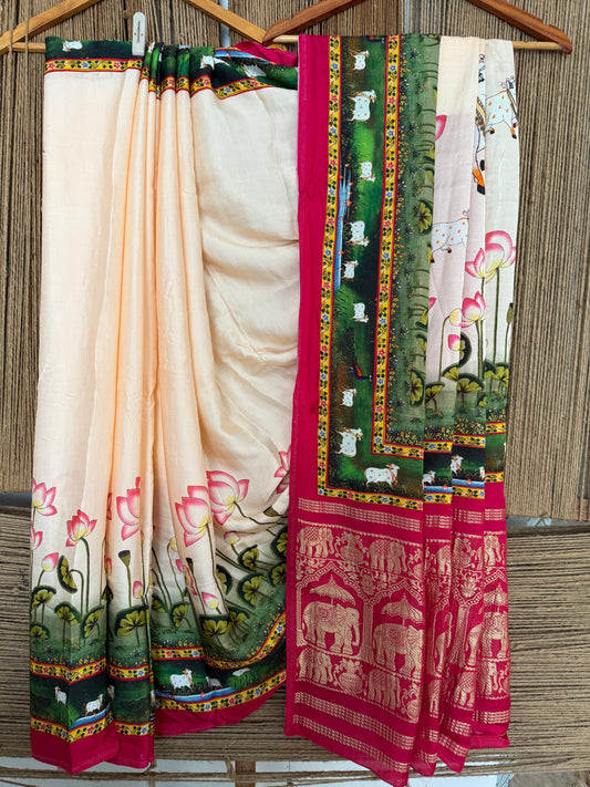 BARELY PEACH & PINK PATOLA MODAL SILK PICHWAI PRINT SARI WITH ZARI BORDER PMS-10154