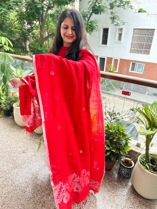 RED WOVEN LINEN KURTA SET LJS-1041