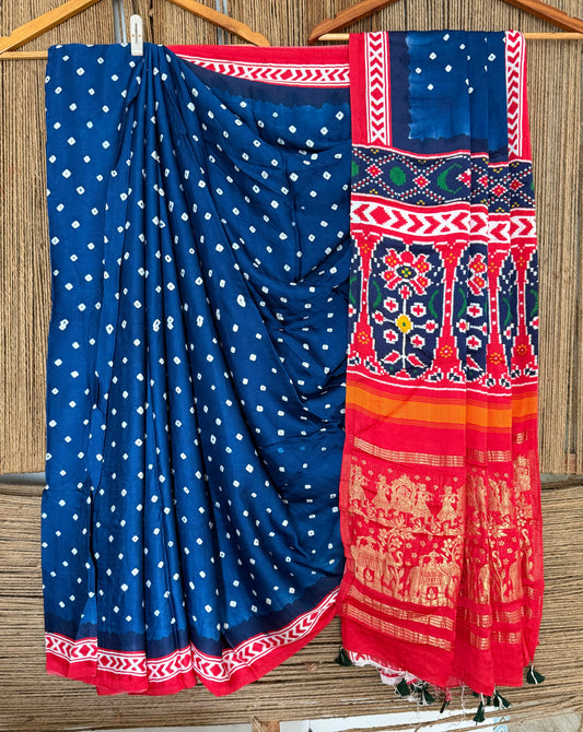 Blue red modal silk bandhani sari with patola print bps40
