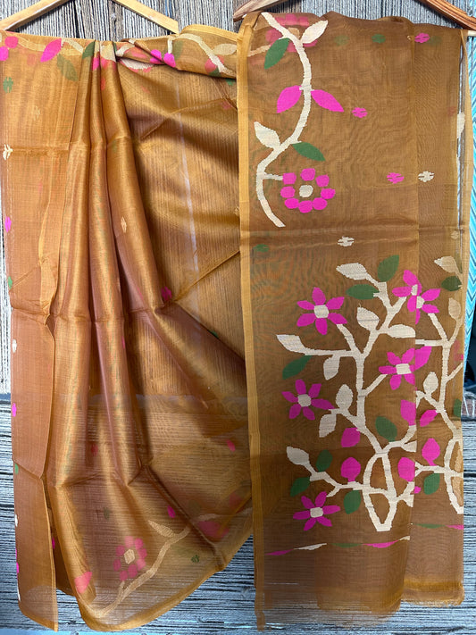 SIENNA BROWN JAMDANI HANDWOVEN PURE MUSLIN SILK SARI MJS 36