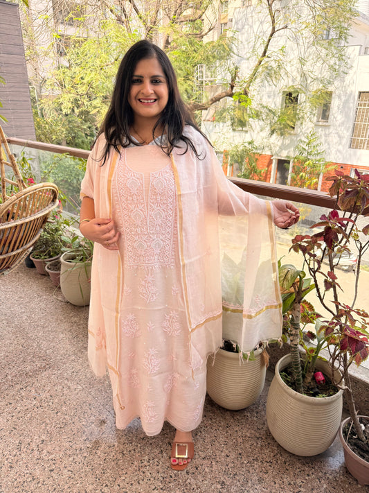 Melon peach pink premium mull chanderi lucknowi chickenkari with moti work hand embroidery three piece suit