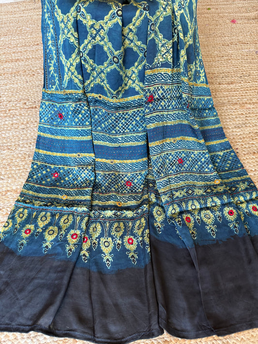 INDIGO BLUE AJRAKH MODAL SILK STOLE WITH HAND EMBROIDERY MIRROR WORK