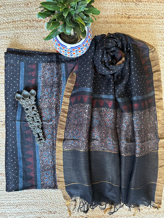 BLACK LINEN AJRAKH SILK HANDBLOCK SUIT SET AL-103