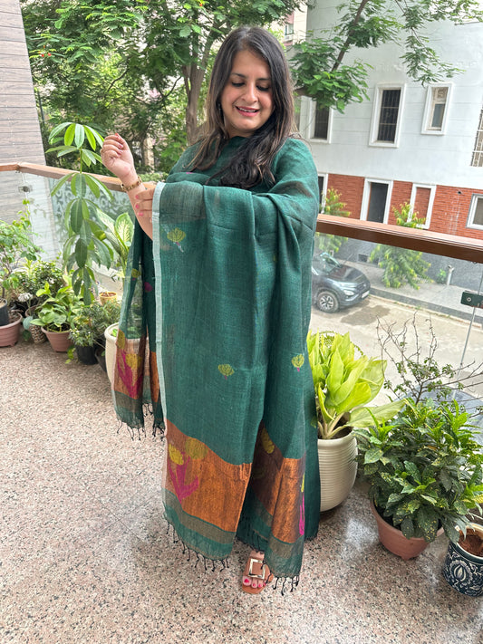 GREEN WOVEN LINEN KURTA SET LJS-1042