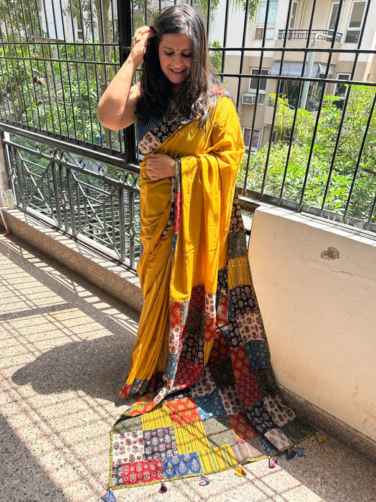 MARIGOLD MUSTARD PATCH WORK AJRAKH HAND CRAFTED MULL SAREE