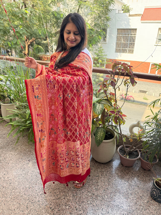 Red Handwoven Bareek Bandhani in Meenakari Jaal Premium Georgette dupatta