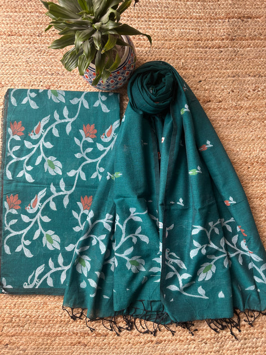 PEACOCK GREEN ALL OVER WOVEN MULL KURTA SET JAK- 9