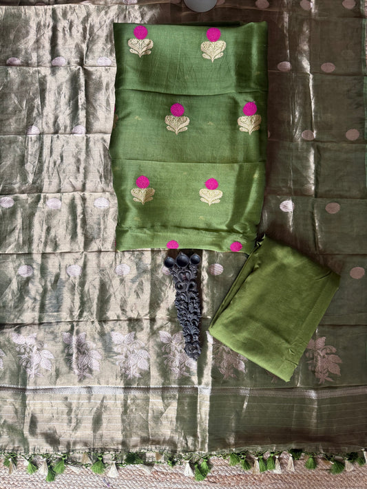 Lawn Green kora silk certified handloom banarsi kadwa booti meenakari three piece suit