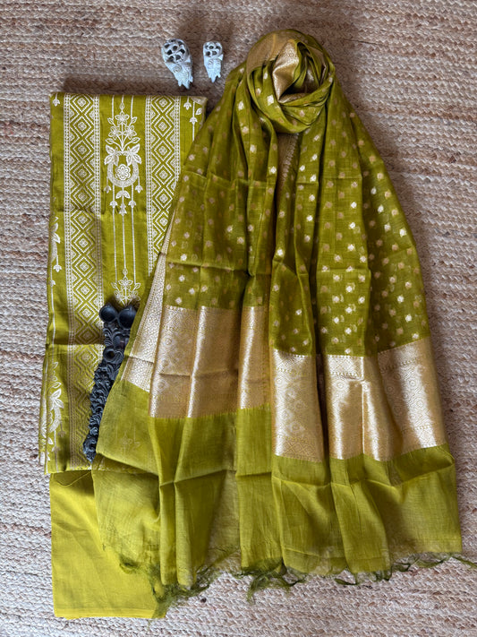 Mehendi Green Chinia silk certified handloom Banarsi Booti three piece suit
