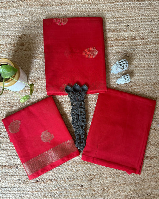 Red chanderi handloom banarsi booti three piece suit cbs-308
