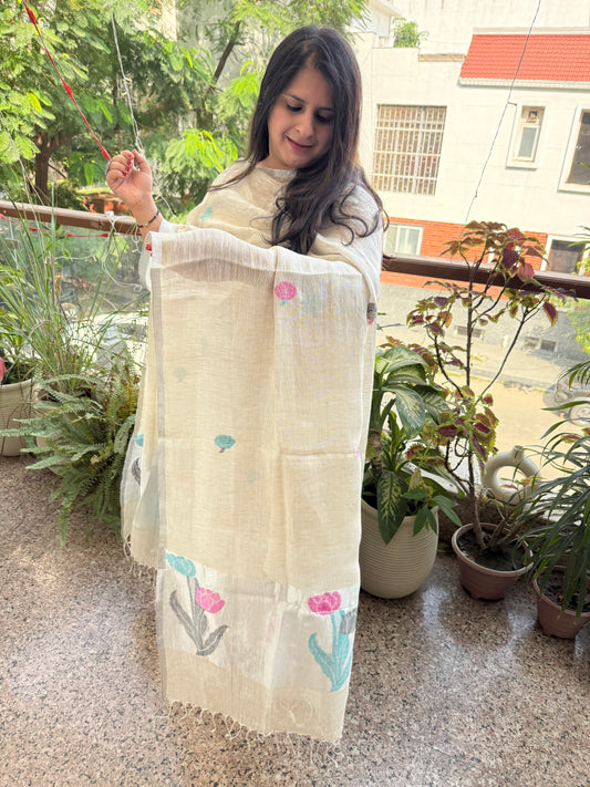 PEARL WHITE WOVEN LINEN  KURTA SET LJS- 205