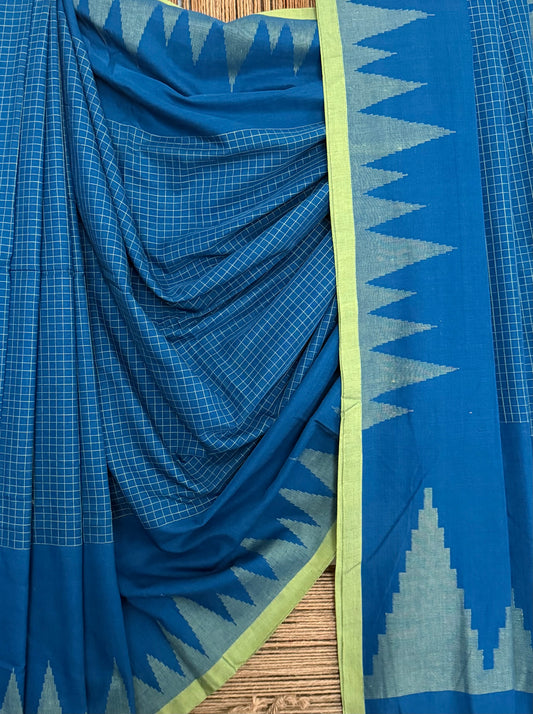 Royal blue handloom cotton needle jamdani wove sari