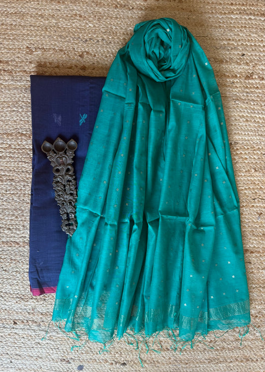 NAVY BLUE JAMDANI HAND WOVEN MULL COTTON KURTA WITH SEQUENCE DUPATTA