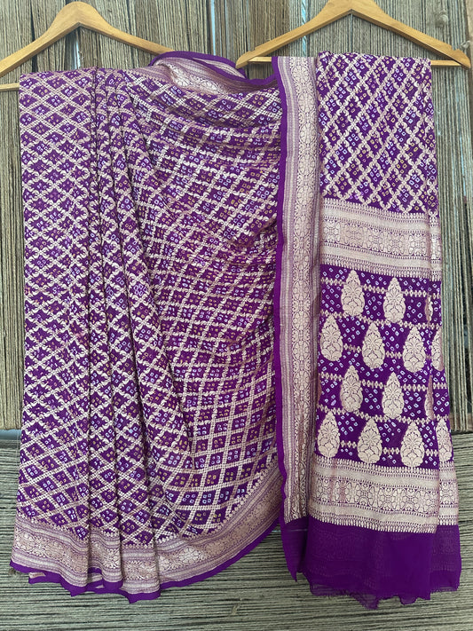 Mardi Gras Purple Handwoven Neem Zari Bareek Bandhani Saree with Khaddi Georgette BS- 11