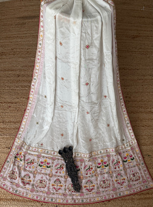 Ivory Pink Elephant motif dupatta chinon silk embroidered dupatta