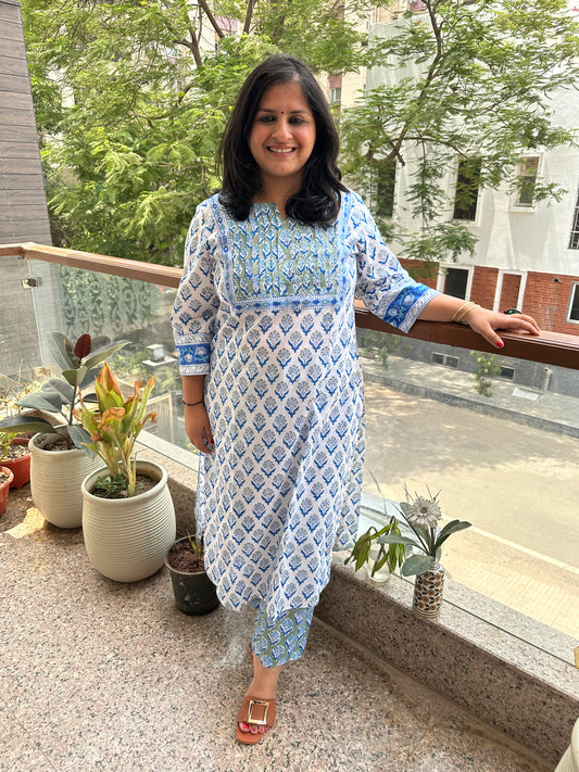 GREEN BLUE FLORAL COTTON HANDBLOCK HANDCRAFTED KURTA SET WITH BORDER