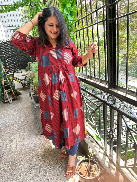 RED MAROON COTTON AJRAKH HANDCRAFTED KURTA