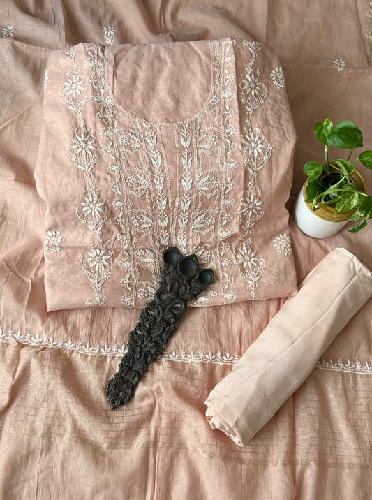 Peach pink premium chanderi cotton lucknowi chickenkari hand embroidery three piece suit