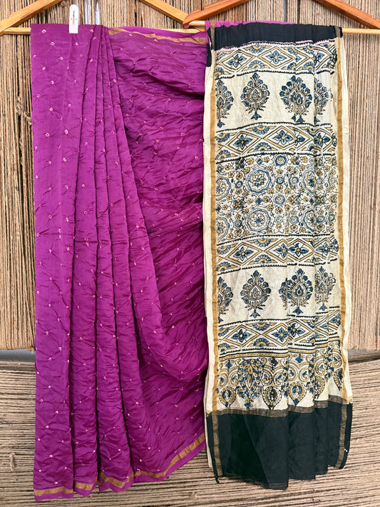 BRIGHT PURPLE CHANDERI SILK BANDHANI HANDCRAFTED AJRAKH SARI