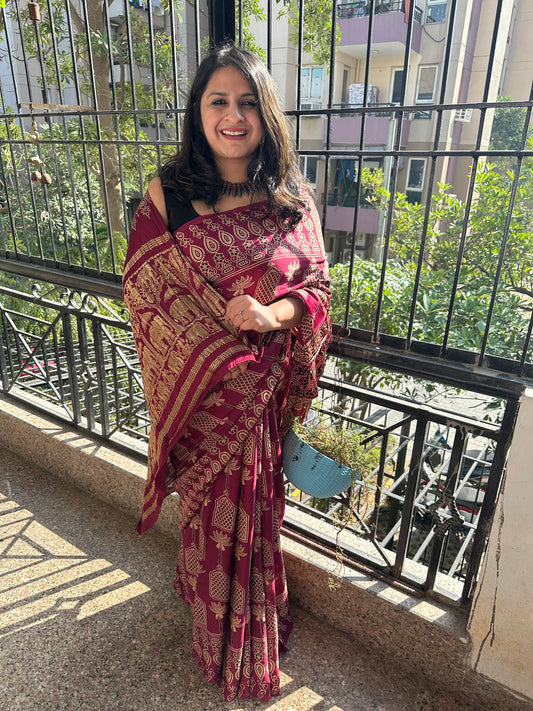 MAGENTA PURPLE JRAKH PRINT MODAL SILK SARI WITH ZARI BORDER