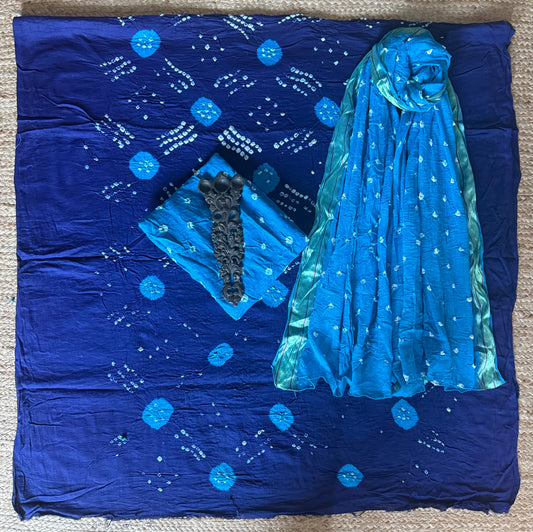 BLUE COTTON RAI BANDHANI SUIT SET