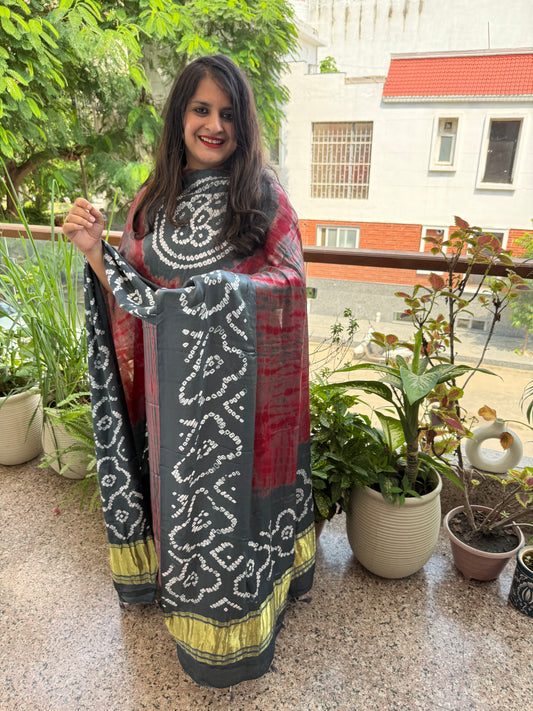 Grey & Red Modal Silk Shibori Kurta with Bandhani Shibori handcrafted Modal Silk Dupatta sbs-8
