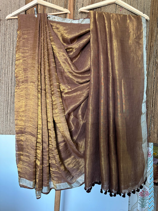 14 COPPER GOLD METALLIC LINEN SARI WITH WOVEN BORDER