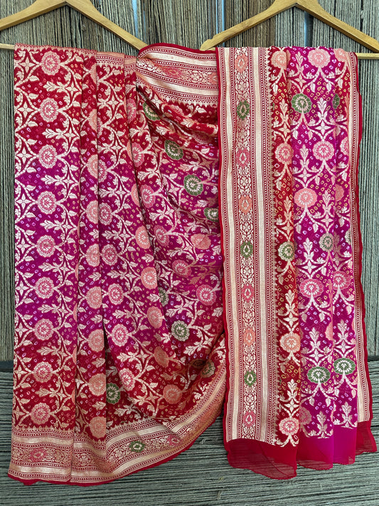 Pink & Red Ombré shade Handwoven Neem Zari Bareek Bandhani Saree with Khaddi Georgette with Meenakari Work BS- 19