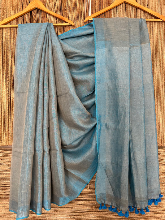 GLAUCOUS BLUE TISSUE LINEN ZARI SARI WITH WOVEN RED BORDER TL-46