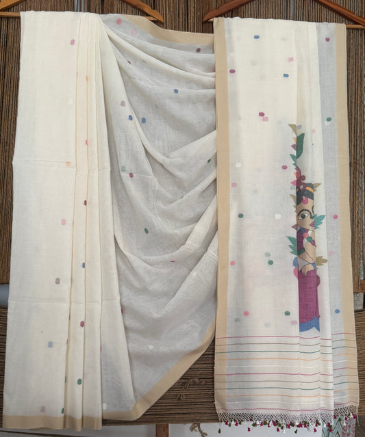 WHITE CLASSIC AUTHENTIC HANDWOVEN JAMDANI WEAVING PURE COTTON SARI