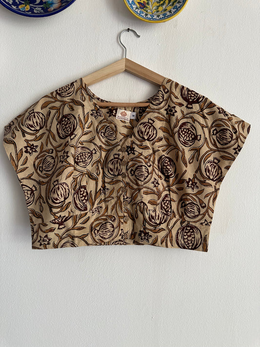 BEIGE KALAMKARI COTTON BLOUSE BLOUSE WITH WOODEN BUTTON