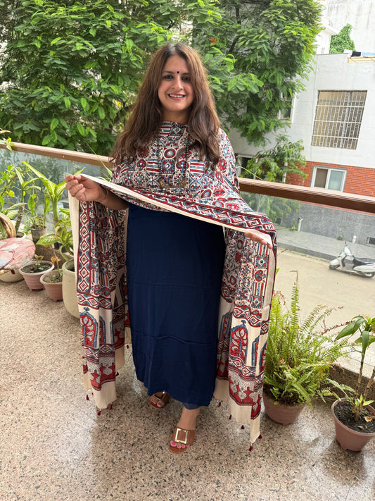 Navy Blue Modal Silk Kurta With Beige Ajrakh Handcrafted Mirror Work Modal Silk Dupatta