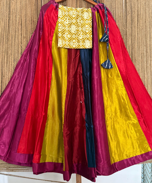 Grey mashru silk blouse-with Multicolour patchwork handcrafted mashru silk Skirt