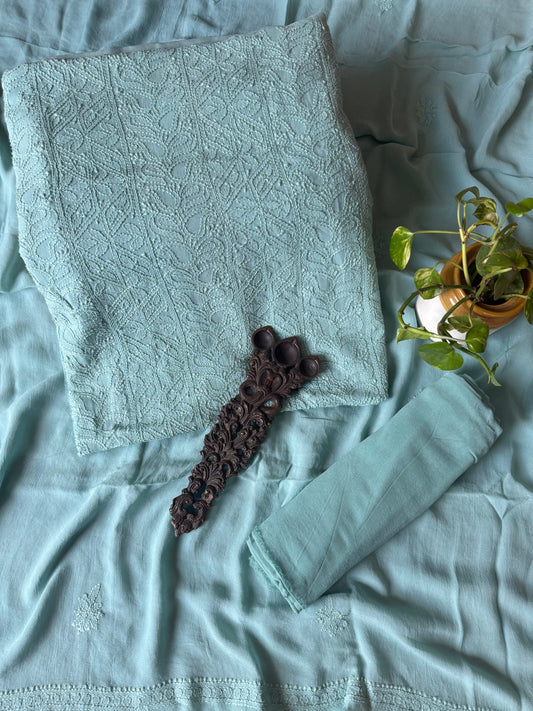 ARCTIC AQUA BLUE PREMIUM VISCOSE GEORGETTE LUCKNOWI CHICKENKARI HAND EMBROIDERY THREE PIECE SUIT